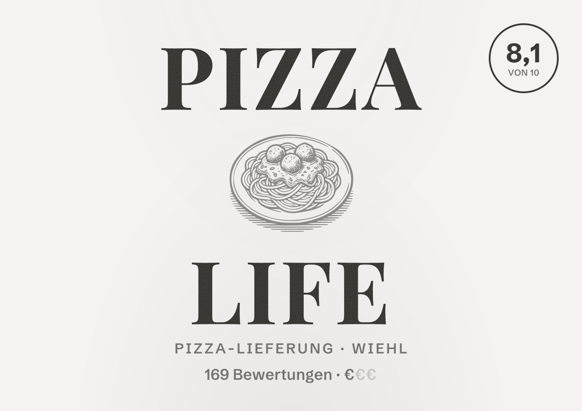 Illustriertes Poster von Pizza Life, Pizza-Lieferung in Wiehl: Bewertung 8,1 von 10 aus 169 Bewertungen, Preisniveau €