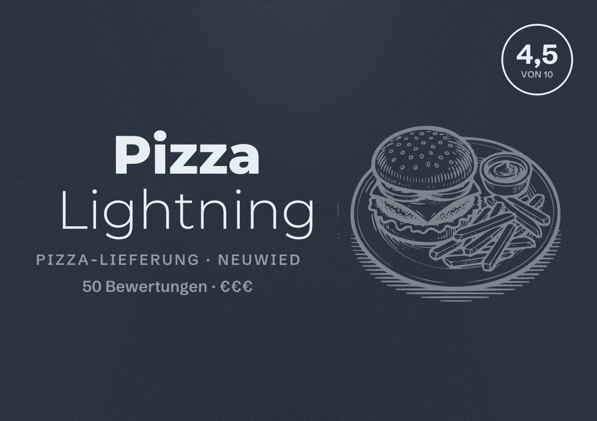 Illustriertes Poster von Pizza Lightning, Pizza-Lieferung in Neuwied: Bewertung 4,5 von 10 aus 50 Bewertungen, Preisniveau €€€