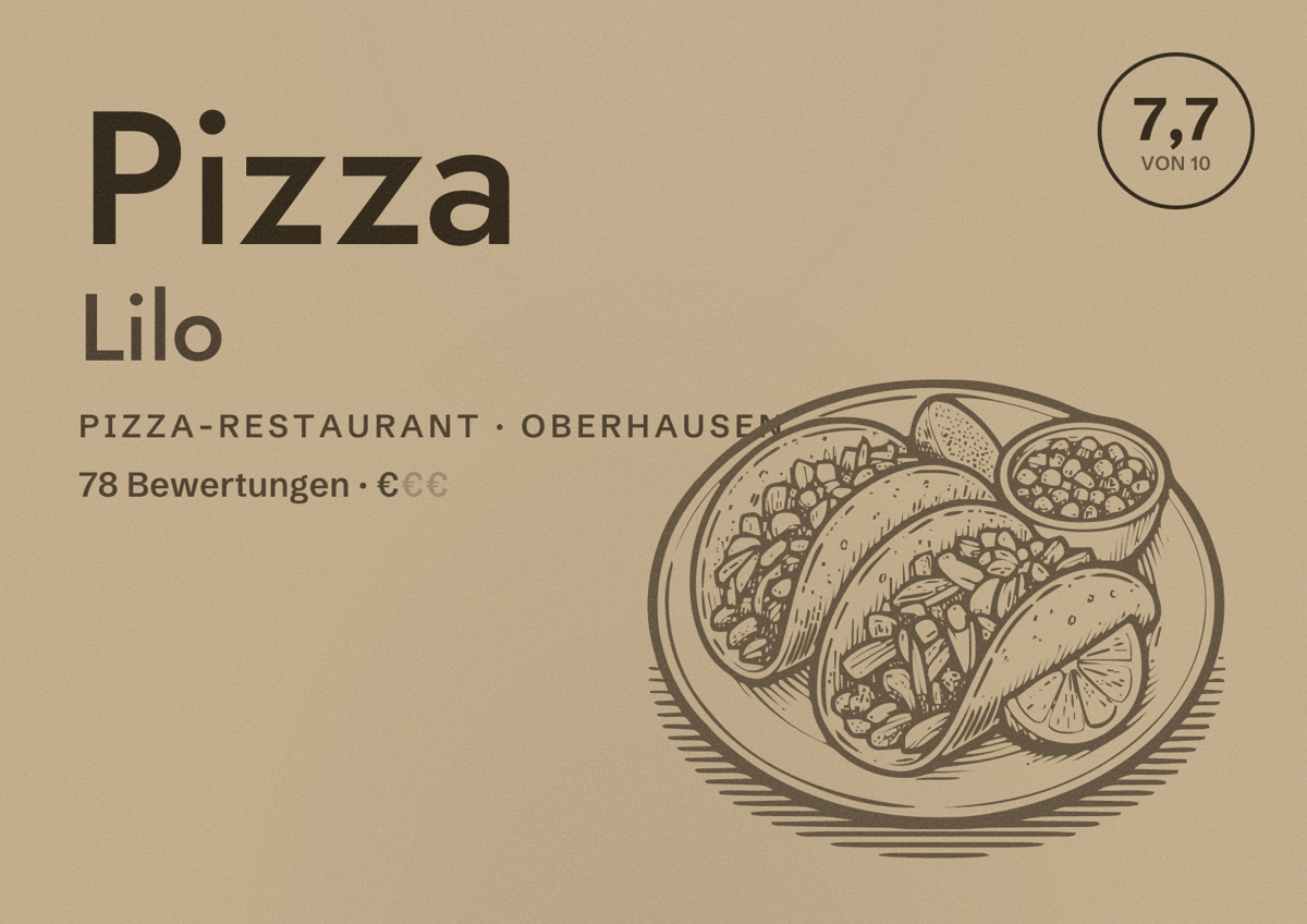 Illustriertes Poster von Pizza Lilo, Pizza-Restaurant in Oberhausen: Bewertung 7,7 von 10 aus 78 Bewertungen, Preisniveau €