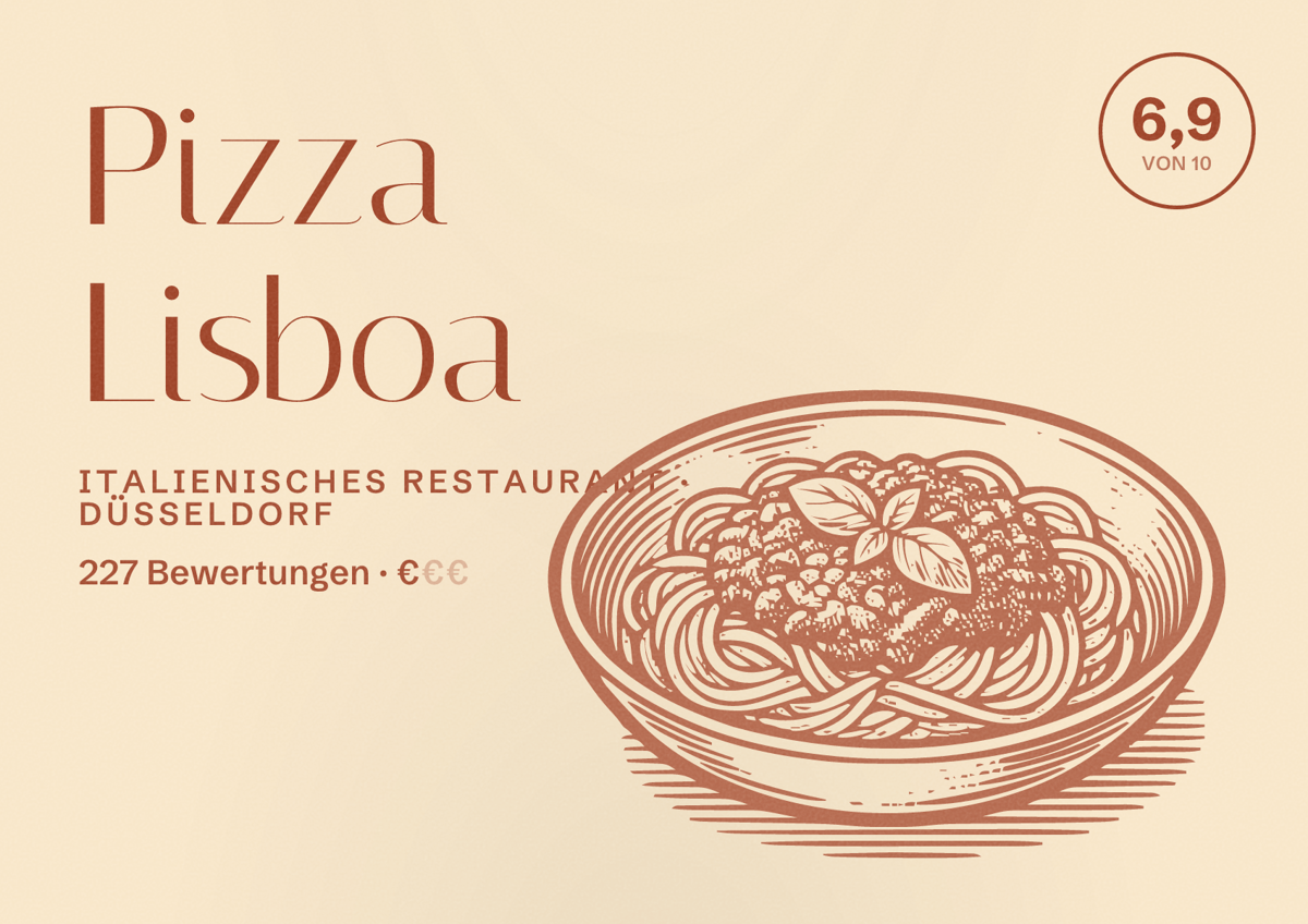 Illustriertes Poster von Pizza Lisboa, Italienisches Restaurant in Düsseldorf: Bewertung 6,9 von 10 aus 227 Bewertungen, Preisniveau €
