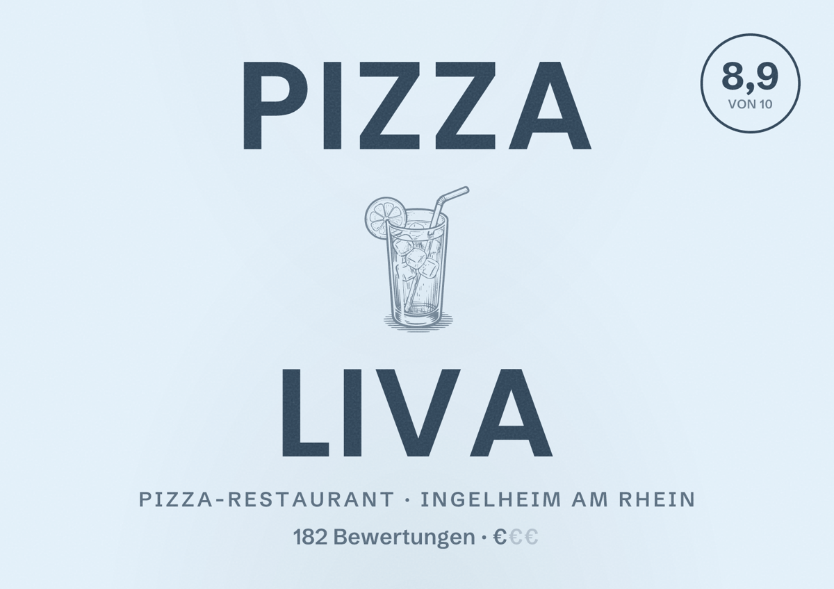 Illustriertes Poster von Pizza liVa, Pizza-Restaurant in Ingelheim am Rhein: Bewertung 8,9 von 10 aus 182 Bewertungen, Preisniveau €