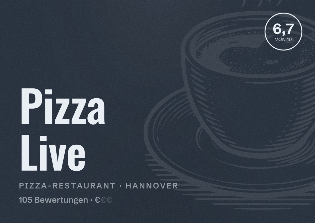 Illustriertes Poster von Pizza Live, Pizza-Restaurant in Hannover: Bewertung 6,7 von 10 aus 105 Bewertungen, Preisniveau €