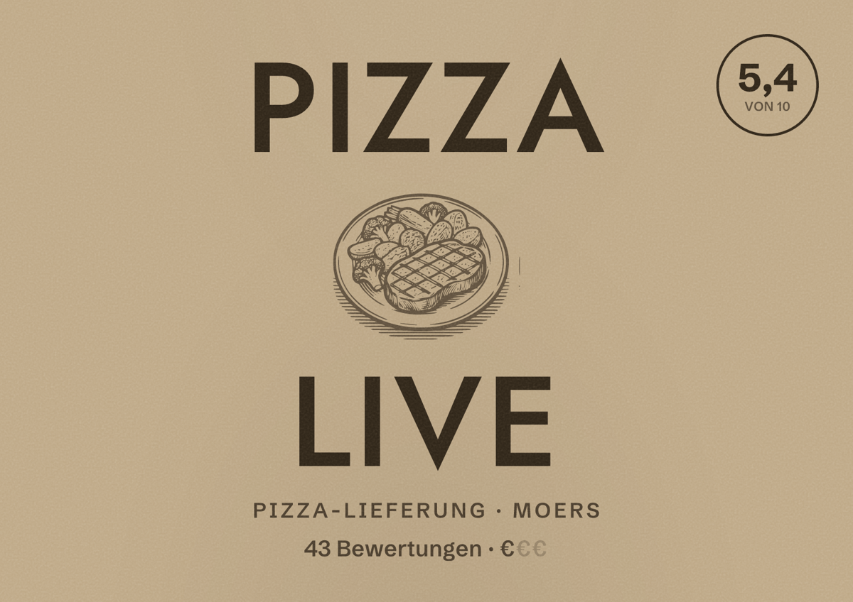 Illustriertes Poster von Pizza Live, Pizza-Lieferung in Moers: Bewertung 5,4 von 10 aus 43 Bewertungen, Preisniveau €