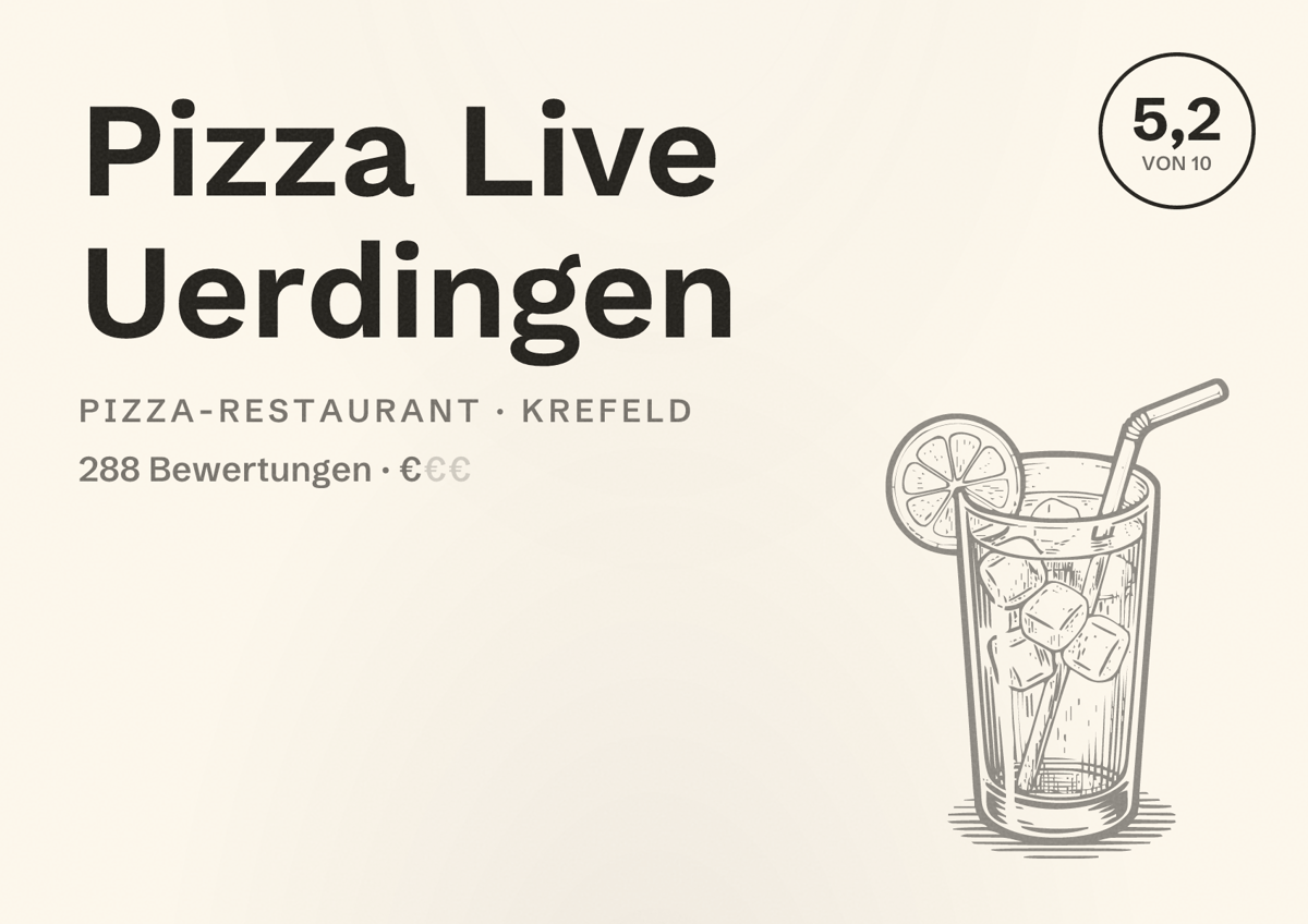 Illustriertes Poster von Pizza Live Uerdingen, Pizza-Restaurant in Krefeld: Bewertung 5,2 von 10 aus 288 Bewertungen, Preisniveau €