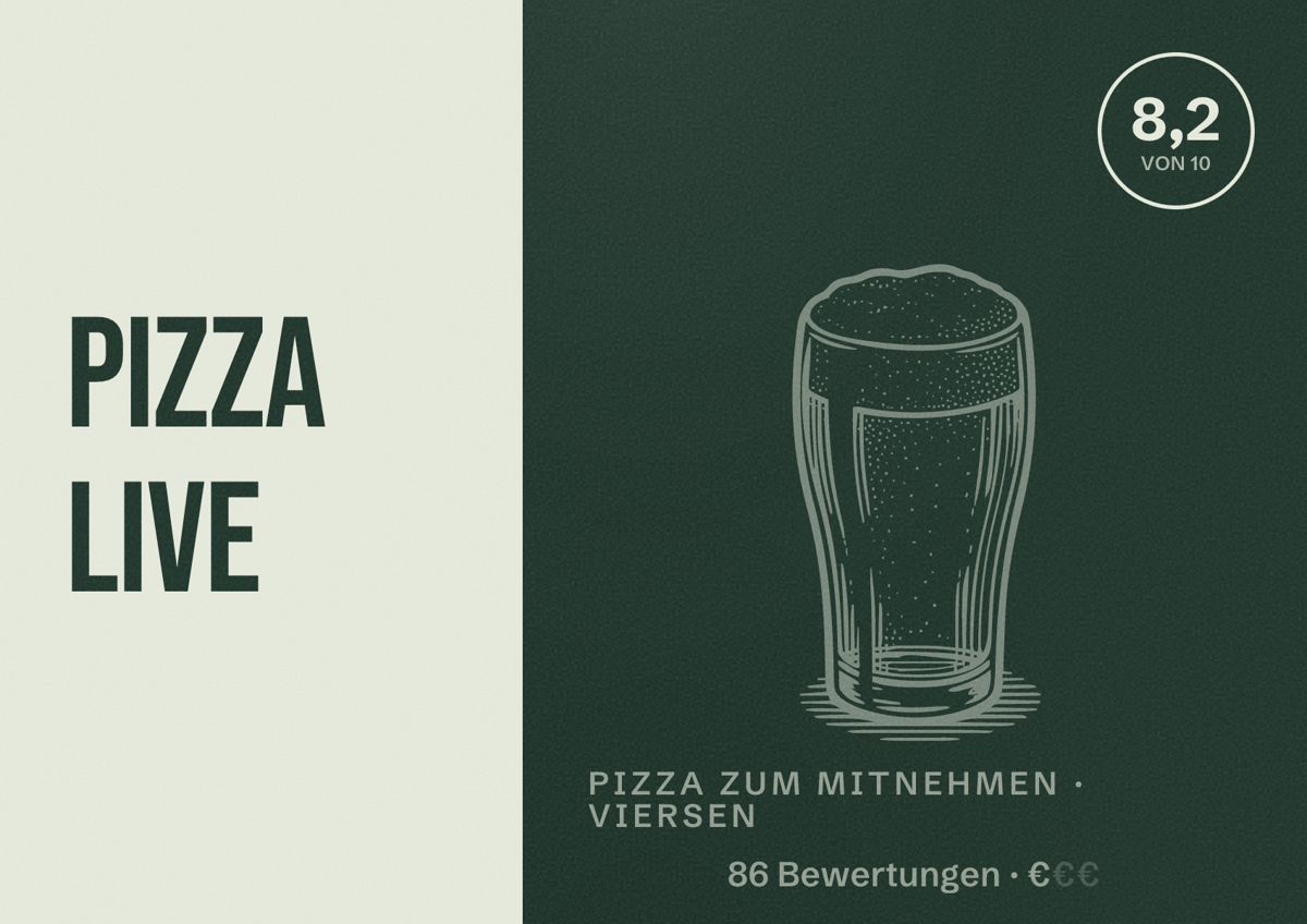 Illustriertes Poster von Pizza Live, Pizza zum Mitnehmen in Viersen: Bewertung 8,2 von 10 aus 86 Bewertungen, Preisniveau €