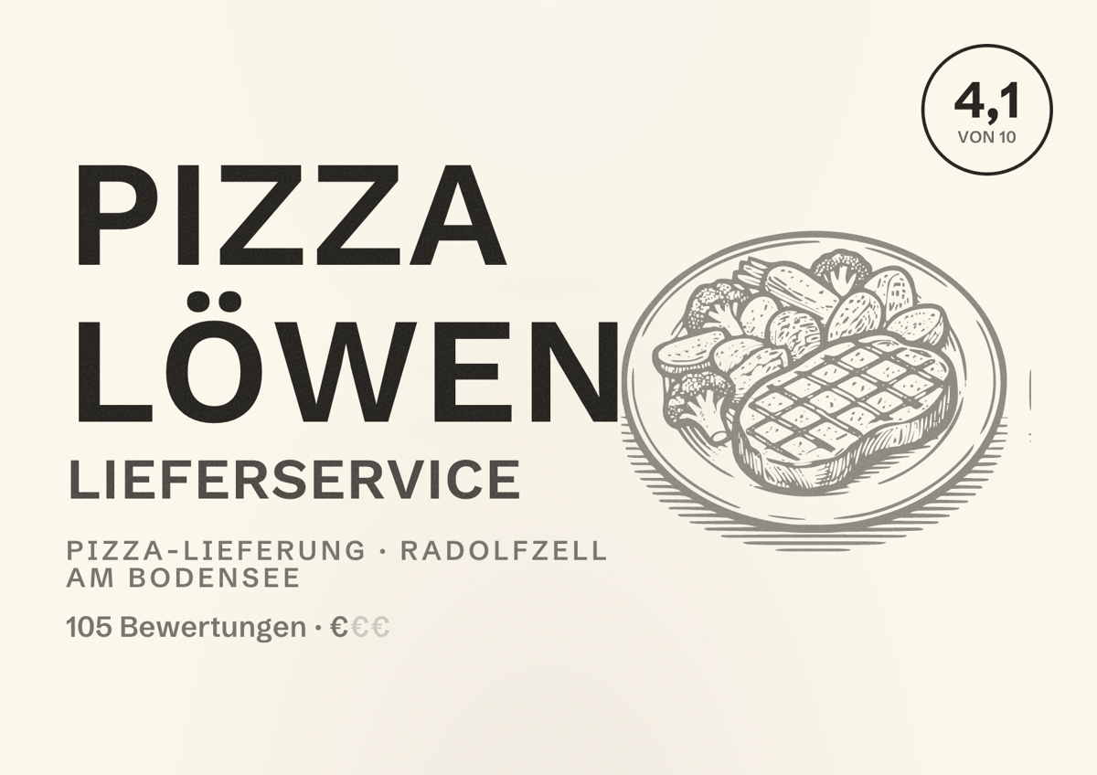 Illustriertes Poster von Pizza Löwen Lieferservice, Pizza-Lieferung in Radolfzell am Bodensee: Bewertung 4,1 von 10 aus 105 Bewertungen, Preisniveau €