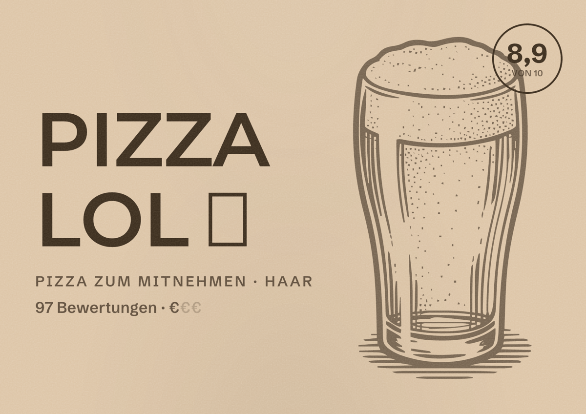Illustriertes Poster von PIZZA LOL 🍕, Pizza zum Mitnehmen in Haar: Bewertung 8,9 von 10 aus 97 Bewertungen, Preisniveau €