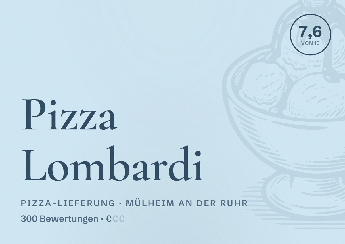 Illustriertes Poster von Pizza Lombardi, Pizza-Lieferung in Mülheim an der Ruhr: Bewertung 7,6 von 10 aus 300 Bewertungen, Preisniveau €