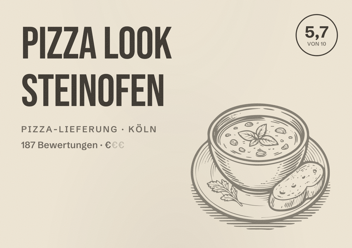 Illustriertes Poster von Pizza Look Steinofen, Pizza-Lieferung in Köln: Bewertung 5,7 von 10 aus 187 Bewertungen, Preisniveau €