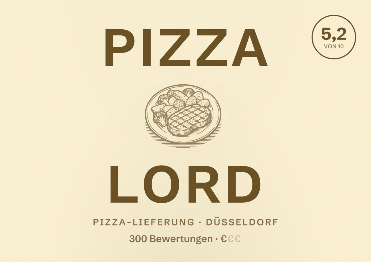 Illustriertes Poster von Pizza Lord, Pizza-Lieferung in Düsseldorf: Bewertung 5,2 von 10 aus 300 Bewertungen, Preisniveau €