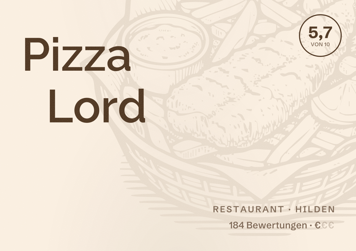 Illustriertes Poster von Pizza Lord, Restaurant in Hilden: Bewertung 5,7 von 10 aus 184 Bewertungen, Preisniveau €