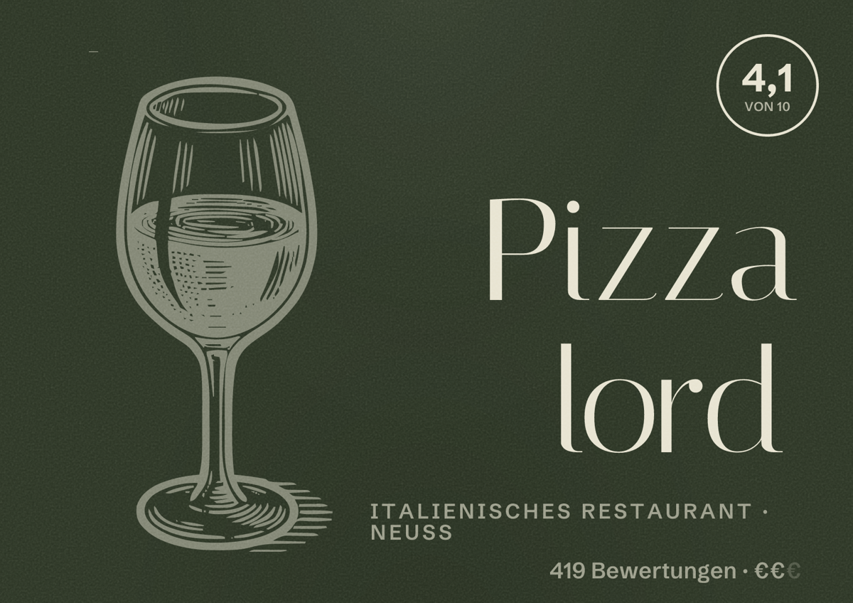 Illustriertes Poster von Pizza lord, Italienisches Restaurant in Neuss: Bewertung 4,1 von 10 aus 419 Bewertungen, Preisniveau €€