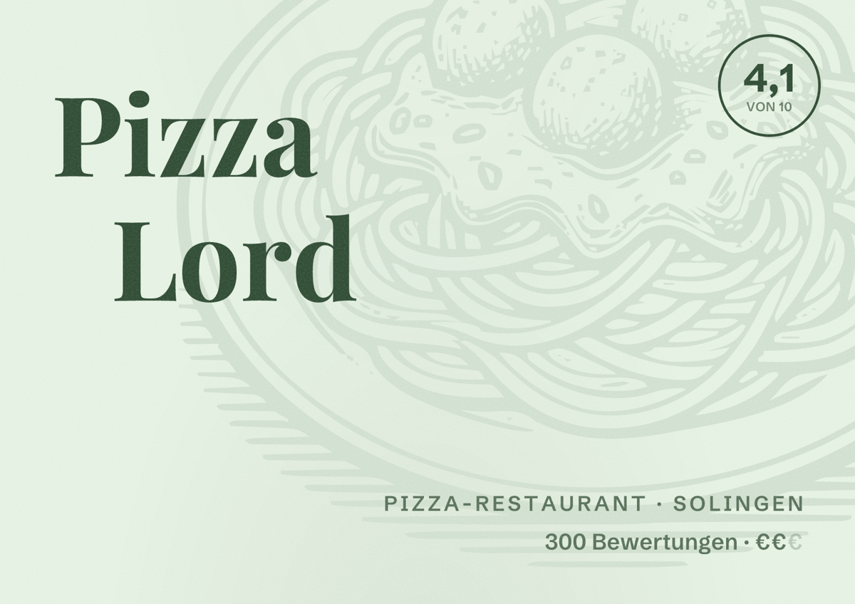 Illustriertes Poster von Pizza Lord, Pizza-Restaurant in Solingen: Bewertung 4,1 von 10 aus 300 Bewertungen, Preisniveau €€