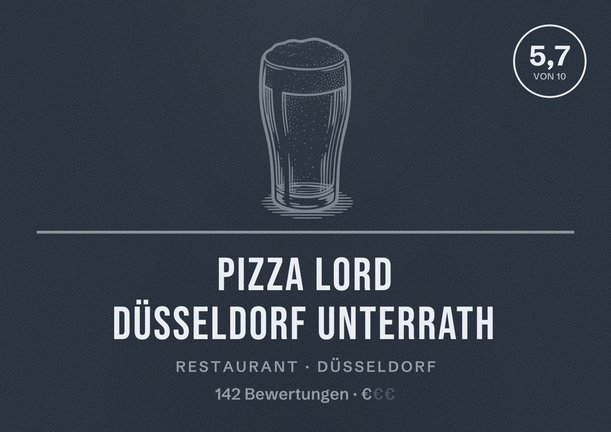 Illustriertes Poster von Pizza Lord Düsseldorf Unterrath, Restaurant in Düsseldorf: Bewertung 5,7 von 10 aus 142 Bewertungen, Preisniveau €