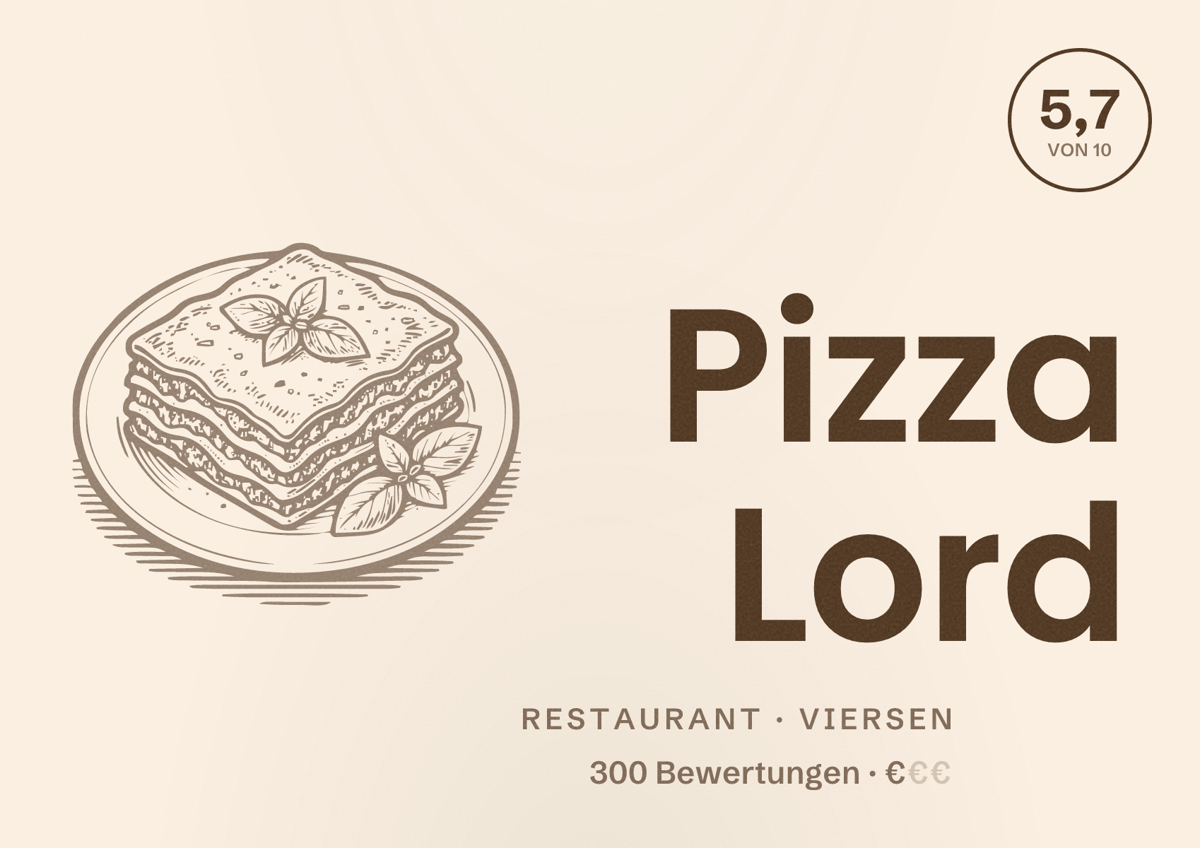Illustriertes Poster von Pizza Lord, Restaurant in Viersen: Bewertung 5,7 von 10 aus 300 Bewertungen, Preisniveau €