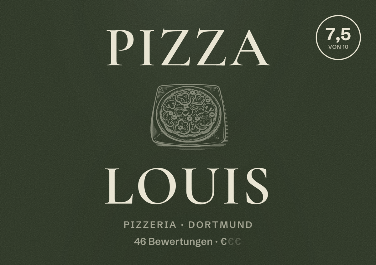 Illustriertes Poster von Pizza Louis, Pizzeria in Dortmund: Bewertung 7,5 von 10 aus 46 Bewertungen, Preisniveau €