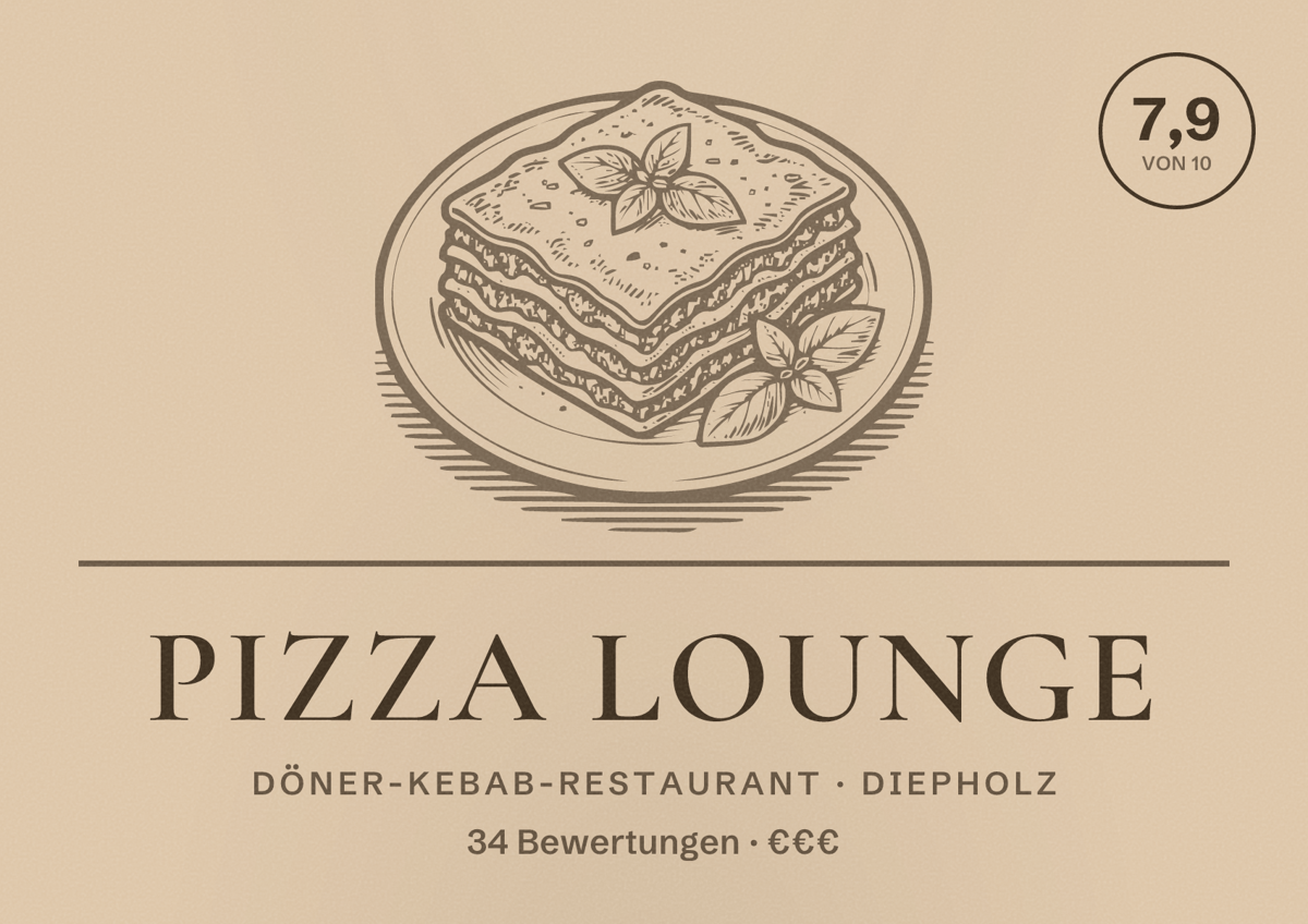 Illustriertes Poster von Pizza Lounge, Döner-Kebab-Restaurant in Diepholz: Bewertung 7,9 von 10 aus 34 Bewertungen, Preisniveau €€€