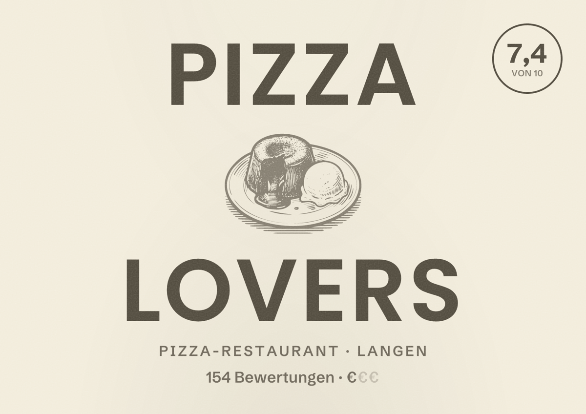 Illustriertes Poster von Pizza Lovers, Pizza-Restaurant in Langen: Bewertung 7,4 von 10 aus 154 Bewertungen, Preisniveau €