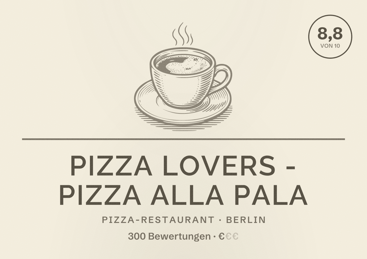 Illustriertes Poster von Pizza Lovers - Pizza alla Pala, Pizza-Restaurant in Berlin: Bewertung 8,8 von 10 aus 300 Bewertungen, Preisniveau €