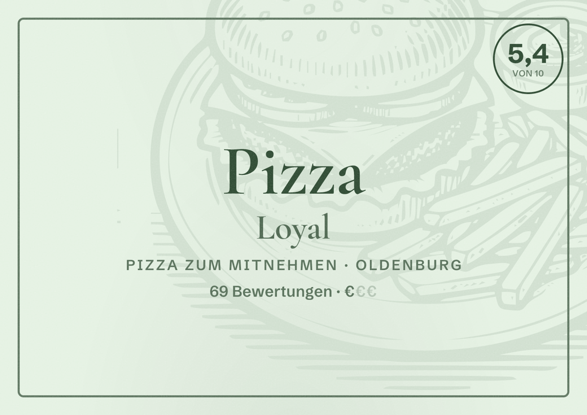 Illustriertes Poster von Pizza Loyal, Pizza zum Mitnehmen in Oldenburg: Bewertung 5,4 von 10 aus 69 Bewertungen, Preisniveau €