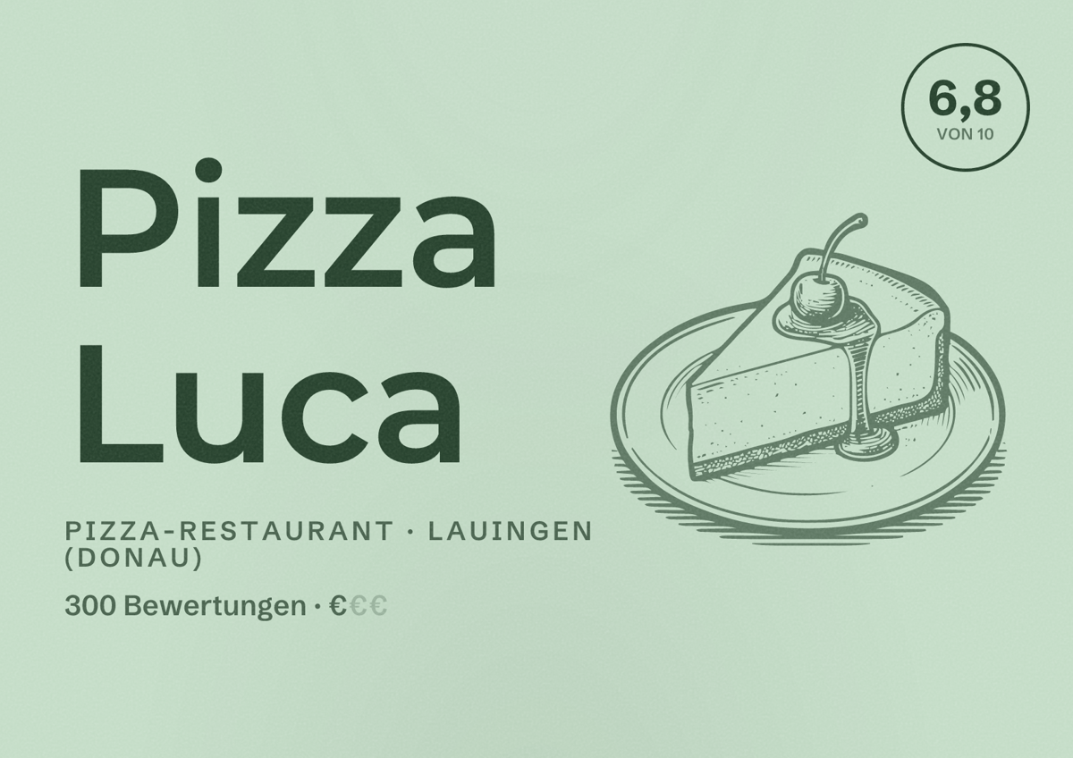 Illustriertes Poster von Pizza Luca, Pizza-Restaurant in Lauingen (Donau): Bewertung 6,8 von 10 aus 300 Bewertungen, Preisniveau €