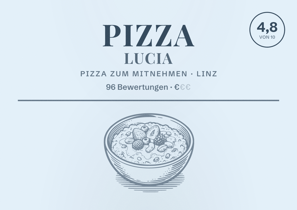 Illustriertes Poster von Pizza Lucia, Pizza zum Mitnehmen in Linz: Bewertung 4,8 von 10 aus 96 Bewertungen, Preisniveau €