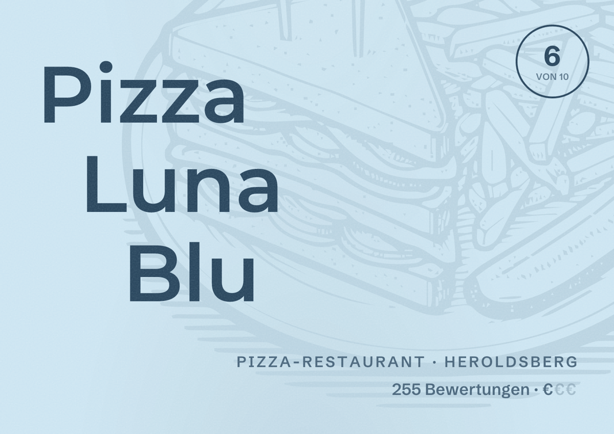 Illustriertes Poster von Pizza Luna Blu, Pizza-Restaurant in Heroldsberg: Bewertung 6 von 10 aus 255 Bewertungen, Preisniveau €