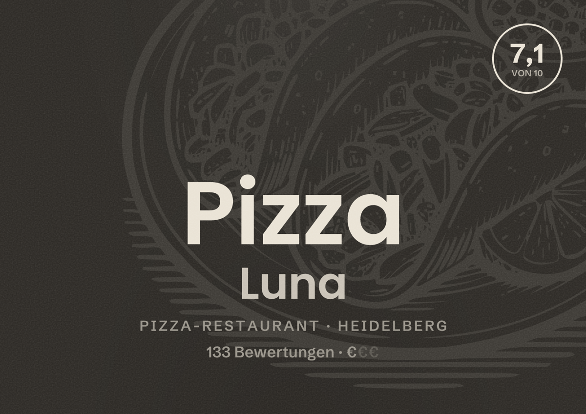 Illustriertes Poster von Pizza Luna, Pizza-Restaurant in Heidelberg: Bewertung 7,1 von 10 aus 133 Bewertungen, Preisniveau €