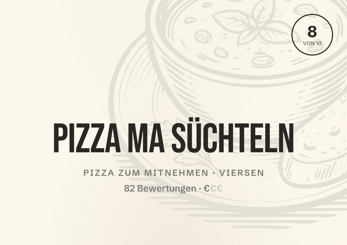 Illustriertes Poster von Pizza Ma Süchteln, Pizza zum Mitnehmen in Viersen: Bewertung 8 von 10 aus 82 Bewertungen, Preisniveau €