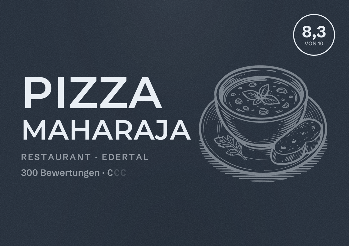Illustriertes Poster von Pizza Maharaja, Restaurant in Edertal: Bewertung 8,3 von 10 aus 300 Bewertungen, Preisniveau €