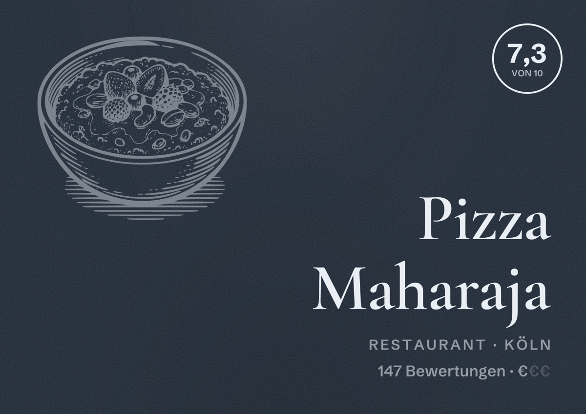 Illustriertes Poster von Pizza Maharaja, Restaurant in Köln: Bewertung 7,3 von 10 aus 147 Bewertungen, Preisniveau €