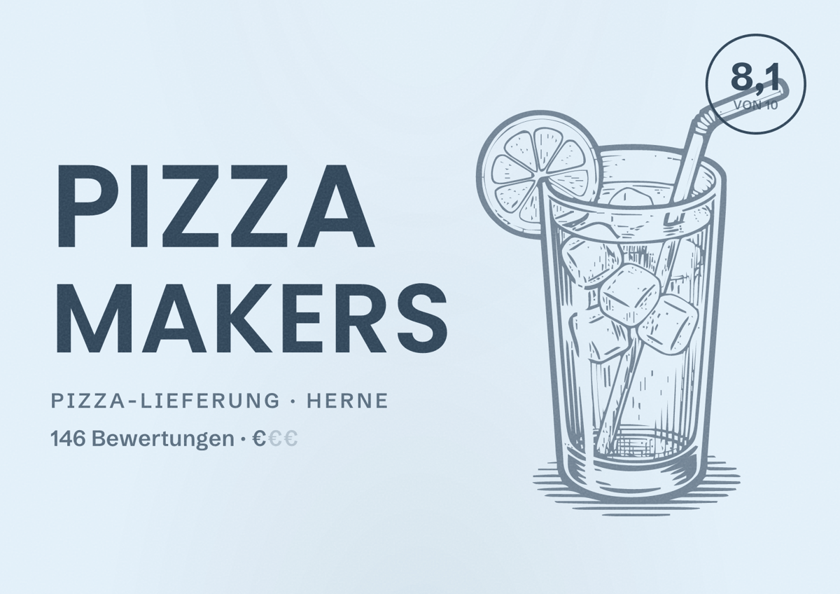 Illustriertes Poster von Pizza Makers, Pizza-Lieferung in Herne: Bewertung 8,1 von 10 aus 146 Bewertungen, Preisniveau €