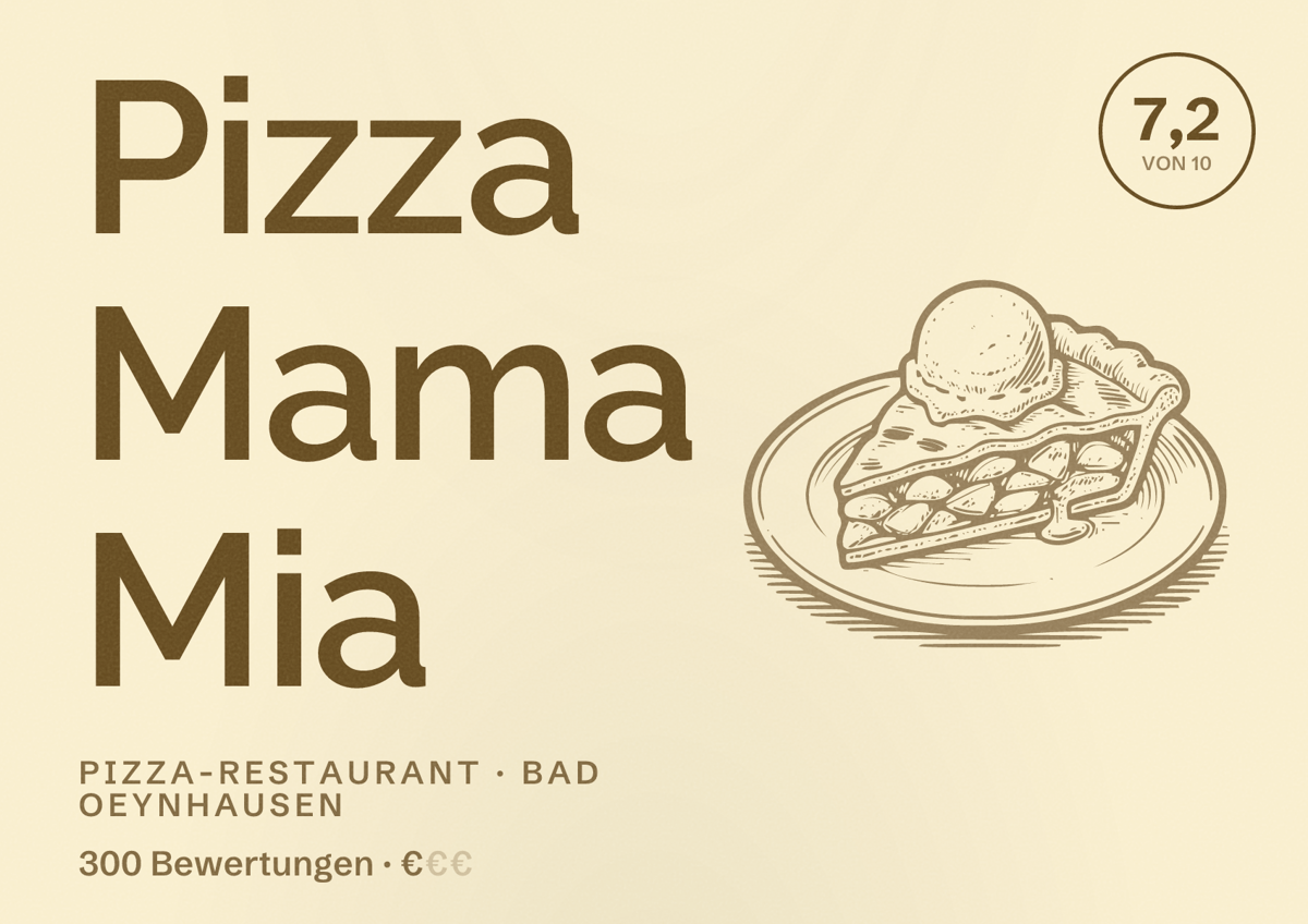 Illustriertes Poster von Pizza Mama Mia, Pizza-Restaurant in Bad Oeynhausen: Bewertung 7,2 von 10 aus 300 Bewertungen, Preisniveau €