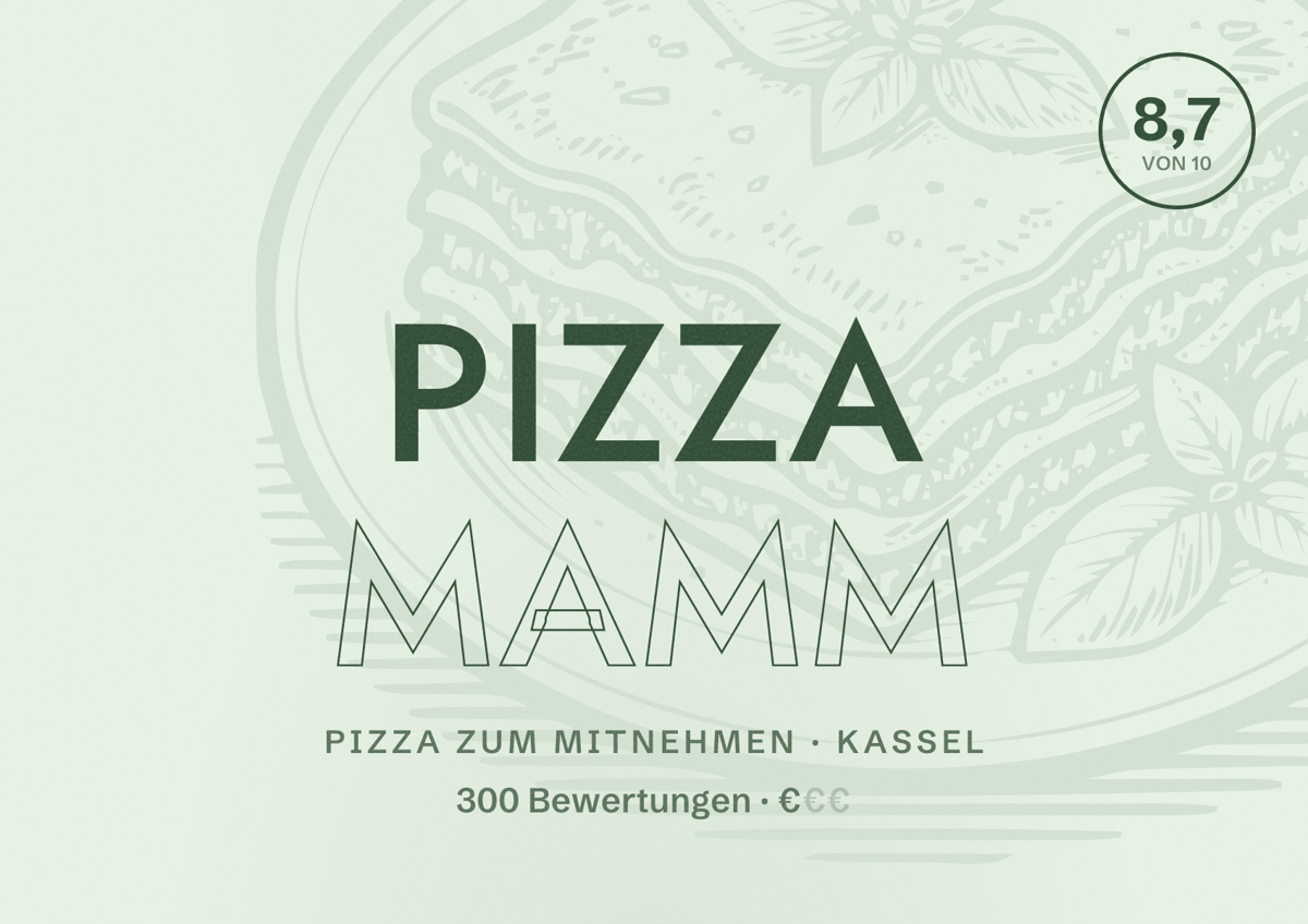 Illustriertes Poster von Pizza Mamm, Pizza zum Mitnehmen in Kassel: Bewertung 8,7 von 10 aus 300 Bewertungen, Preisniveau €
