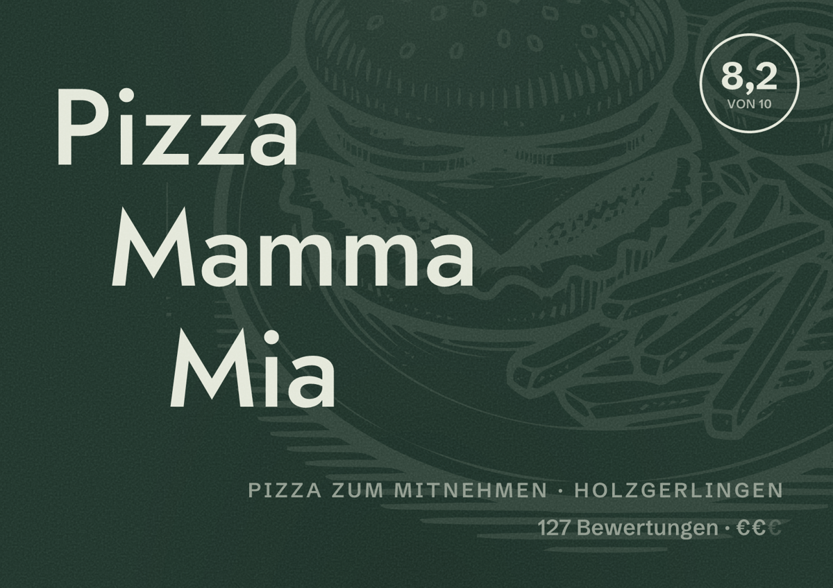 Illustriertes Poster von Pizza Mamma Mia, Pizza zum Mitnehmen in Holzgerlingen: Bewertung 8,2 von 10 aus 127 Bewertungen, Preisniveau €€
