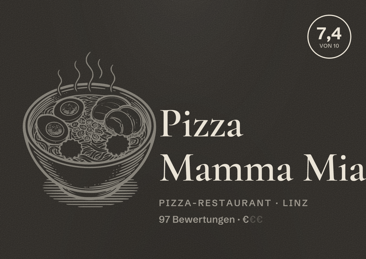 Illustriertes Poster von Pizza Mamma Mia, Pizza-Restaurant in Linz: Bewertung 7,4 von 10 aus 97 Bewertungen, Preisniveau €