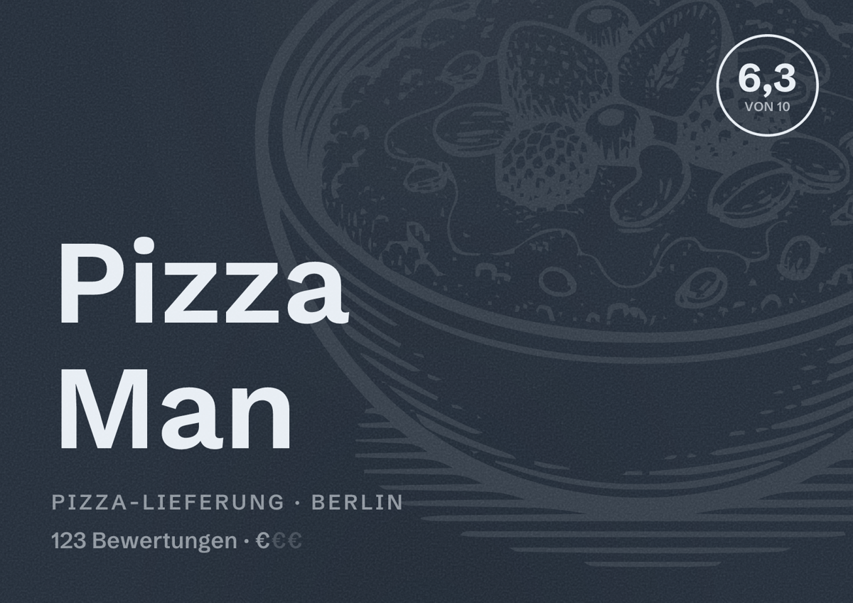 Illustriertes Poster von Pizza Man, Pizza-Lieferung in Berlin: Bewertung 6,3 von 10 aus 123 Bewertungen, Preisniveau €