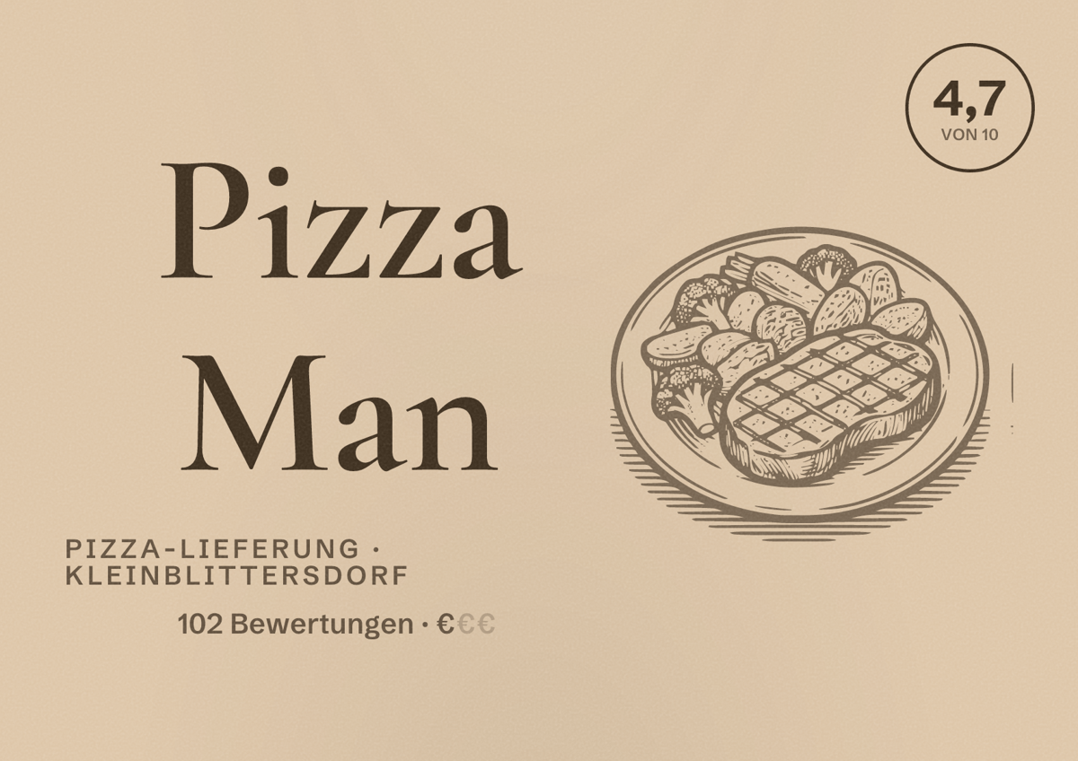 Illustriertes Poster von Pizza Man, Pizza-Lieferung in Kleinblittersdorf: Bewertung 4,7 von 10 aus 102 Bewertungen, Preisniveau €