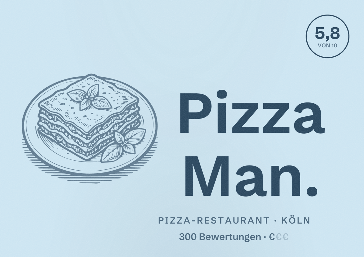 Illustriertes Poster von Pizza Man., Pizza-Restaurant in Köln: Bewertung 5,8 von 10 aus 300 Bewertungen, Preisniveau €