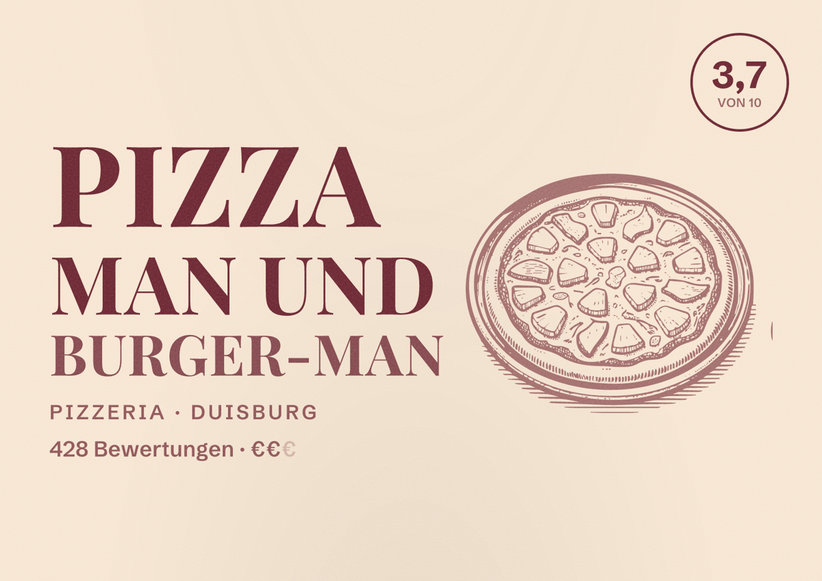 Illustriertes Poster von Pizza Man und Burger-Man, Pizzeria in Duisburg: Bewertung 3,7 von 10 aus 428 Bewertungen, Preisniveau €€