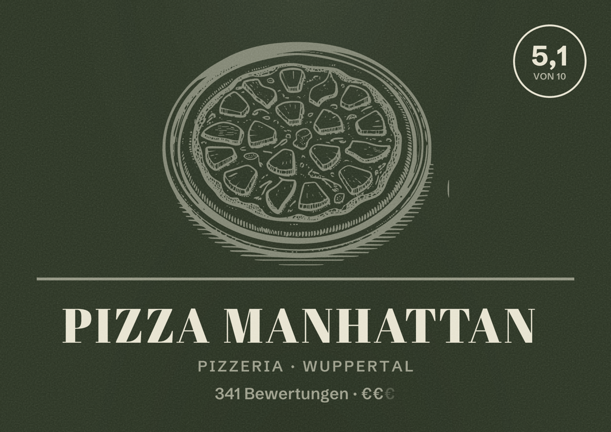 Illustriertes Poster von Pizza Manhattan, Pizzeria in Wuppertal: Bewertung 5,1 von 10 aus 341 Bewertungen, Preisniveau €€
