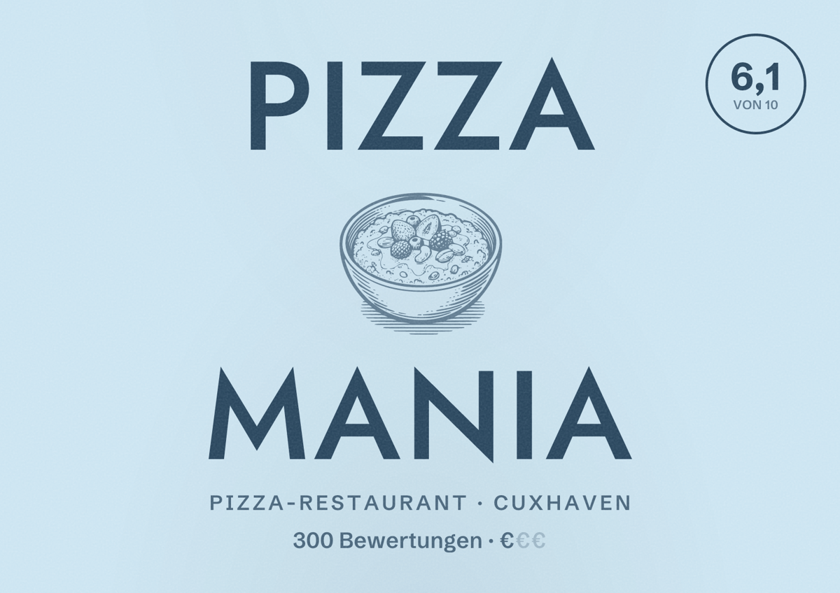 Illustriertes Poster von Pizza Mania, Pizza-Restaurant in Cuxhaven: Bewertung 6,1 von 10 aus 300 Bewertungen, Preisniveau €