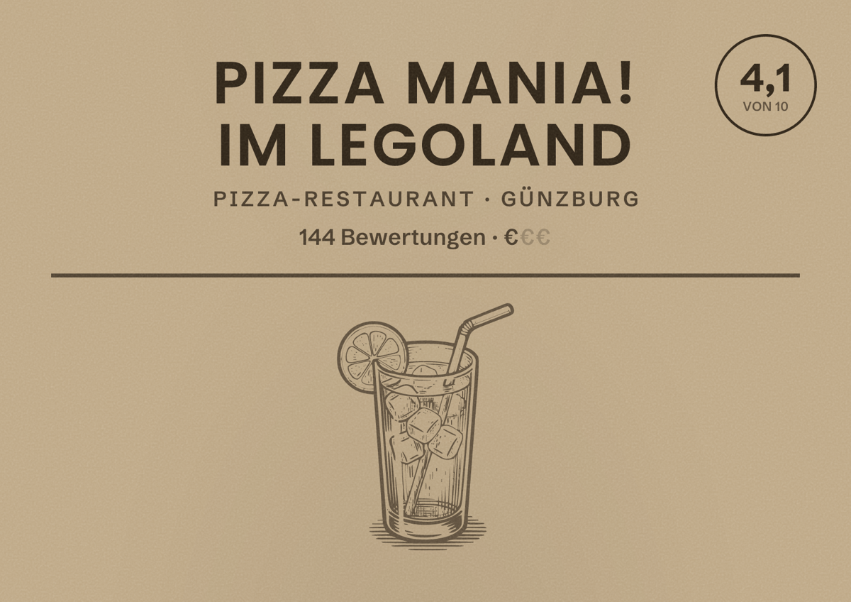 Illustriertes Poster von Pizza Mania! im LEGOLAND, Pizza-Restaurant in Günzburg: Bewertung 4,1 von 10 aus 144 Bewertungen, Preisniveau €