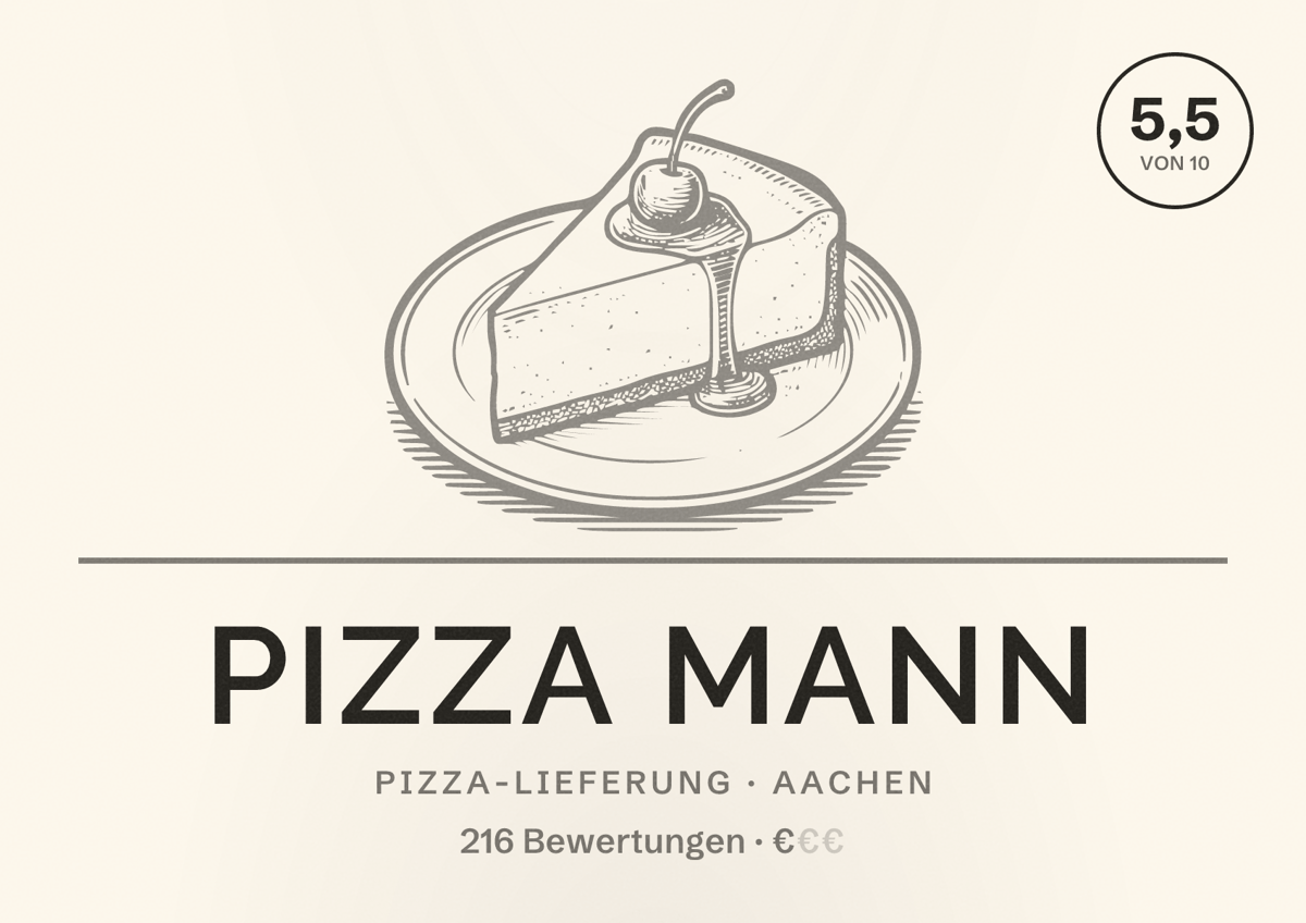 Illustriertes Poster von Pizza Mann, Pizza-Lieferung in Aachen: Bewertung 5,5 von 10 aus 216 Bewertungen, Preisniveau €