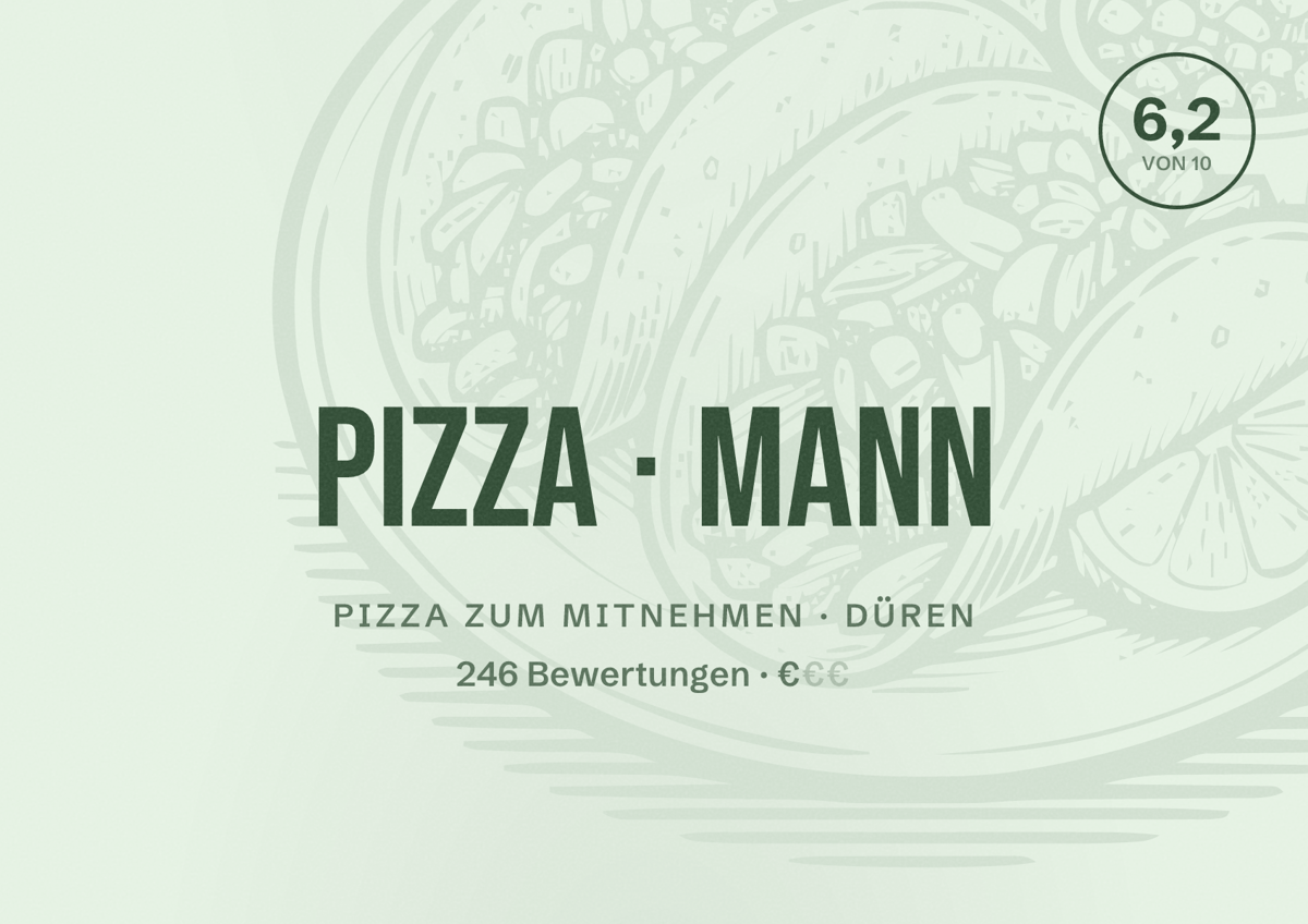 Illustriertes Poster von Pizza Mann, Pizza zum Mitnehmen in Düren: Bewertung 6,2 von 10 aus 246 Bewertungen, Preisniveau €