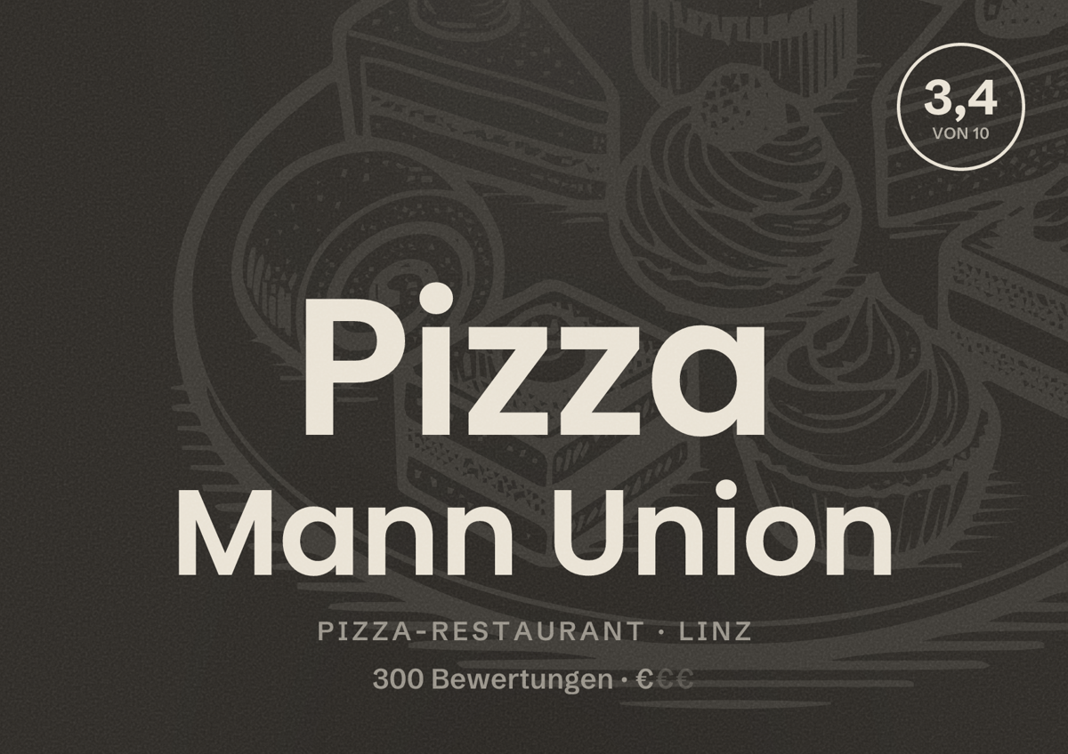 Illustriertes Poster von Pizza Mann Union, Pizza-Restaurant in Linz: Bewertung 3,4 von 10 aus 300 Bewertungen, Preisniveau €