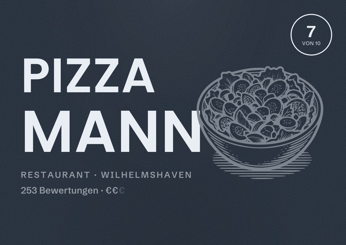 Illustriertes Poster von Pizza Mann, Restaurant in Wilhelmshaven: Bewertung 7 von 10 aus 253 Bewertungen, Preisniveau €€