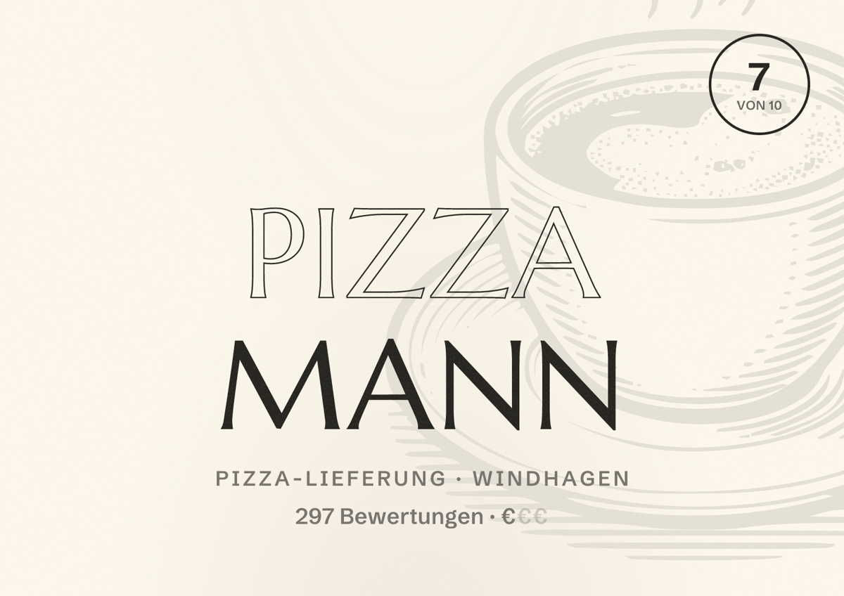 Illustriertes Poster von Pizza Mann, Pizza-Lieferung in Windhagen: Bewertung 7 von 10 aus 297 Bewertungen, Preisniveau €