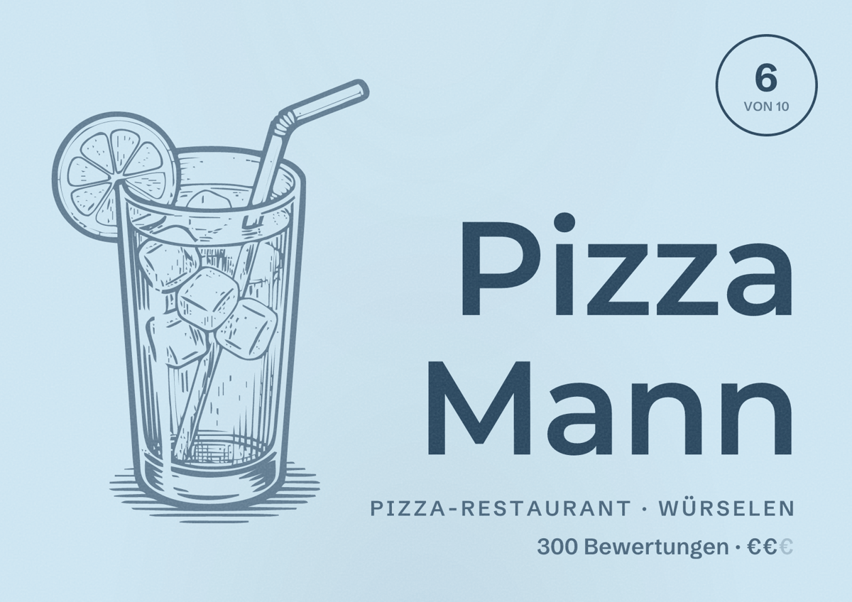 Illustriertes Poster von Pizza Mann, Pizza-Restaurant in Würselen: Bewertung 6 von 10 aus 300 Bewertungen, Preisniveau €€
