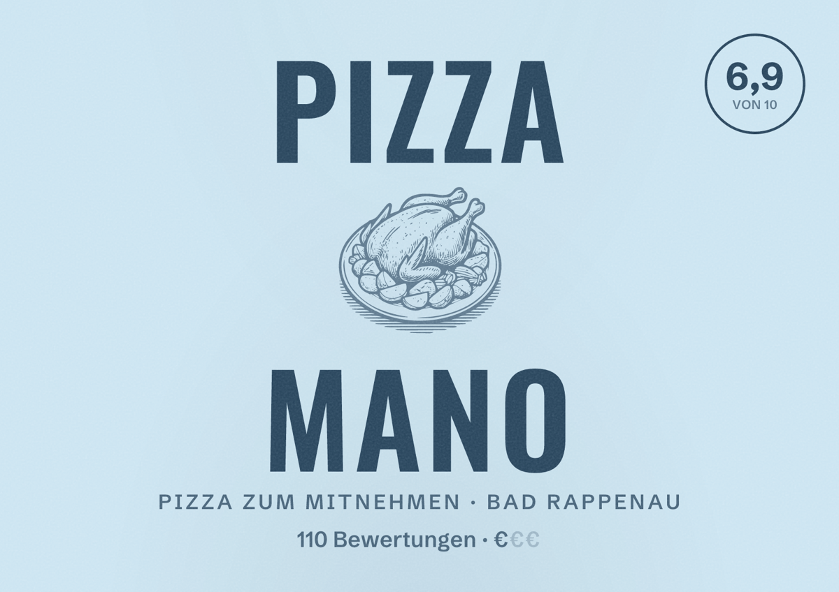 Illustriertes Poster von Pizza Mano, Pizza zum Mitnehmen in Bad Rappenau: Bewertung 6,9 von 10 aus 110 Bewertungen, Preisniveau €